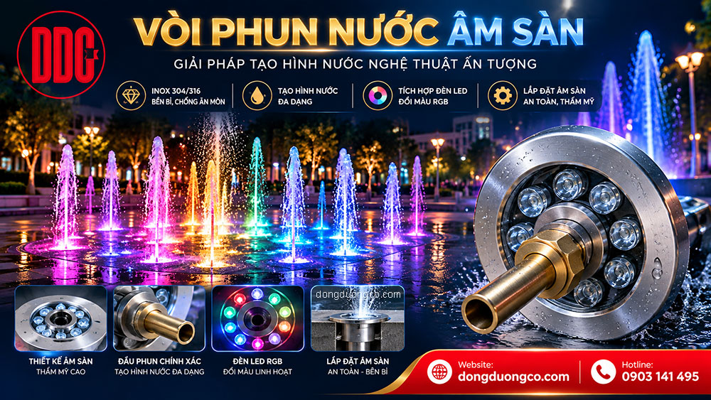 Vòi phun nước âm sàn inox tích hợp đèn LED cho hệ thống nhạc nước