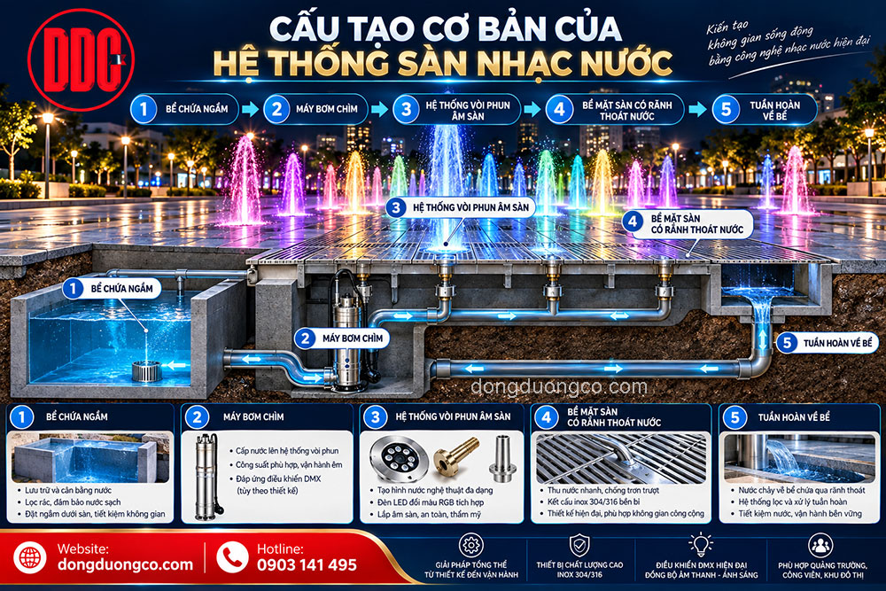 Sơ đồ cấu tạo hệ thống sàn nhạc nước gồm máy bơm vòi phun và đường ống